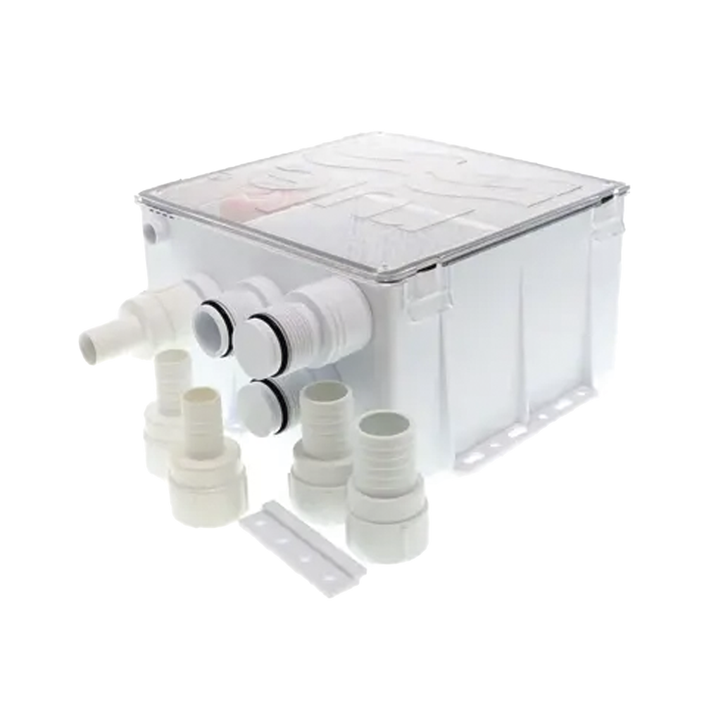 Sistema de desagǬe para duchas con bomba de achique de 800 galones por hora a 24 Volts de corriente directa e interruptor de flotaci??n