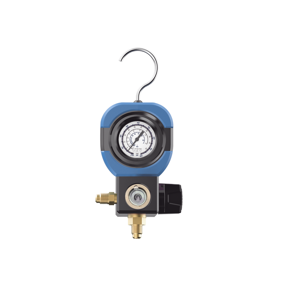 Manifold de Refrigeración AM1V 1 Válvula / Escala Compatible R22 R32/R410A R404A R407C / Interfaz 1/4" SAE / Diámetro 90 mm / Rango de Presión -30 inHg - 500 psi / Diseño Integrado Resistente a Impactos