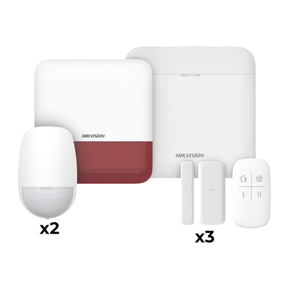 (AX PRO) KIT de Alarma AX PRO / Incluye: 1 Hub con batería de respaldo / 2 Sensores PIR / 3 Contactos Magnéticos mini / 1 Control Remoto / 1 Sirena Inalambrica Exterior color rojo / WiFi / Compatible con Hik-Connect P2P