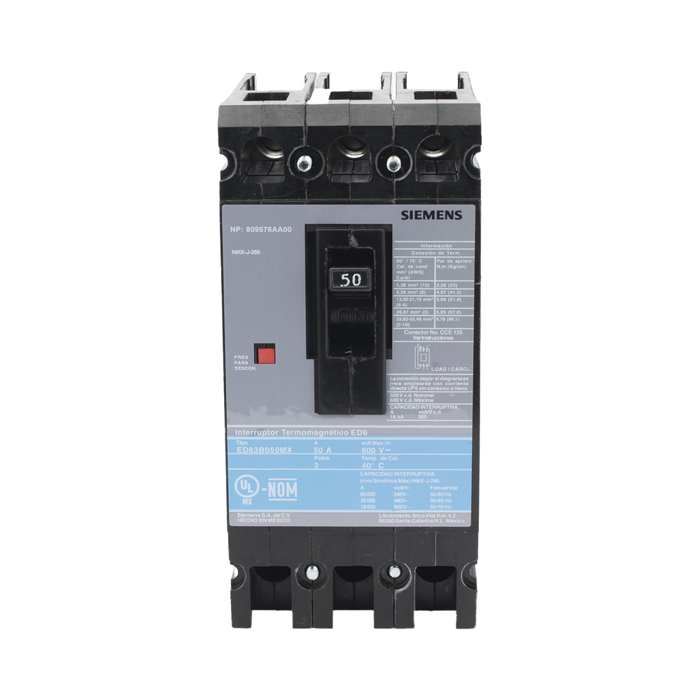 Interruptor Termomagnético ED6 600V 3X50A, Sin zapatas principales. - Imagen 2