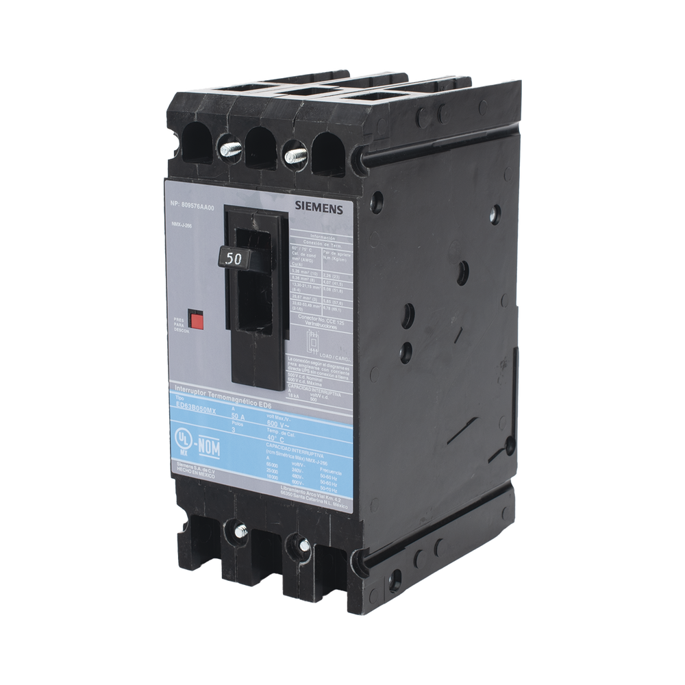 Interruptor Termomagnético ED6 600V 3X50A, Sin zapatas principales.