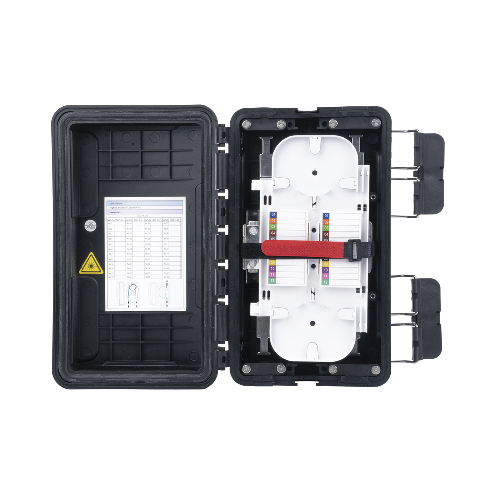 Caja de Distribuci?n de Fibra ?ptica, Hasta 96 Empalmes, Exterior IP65, Color Negro