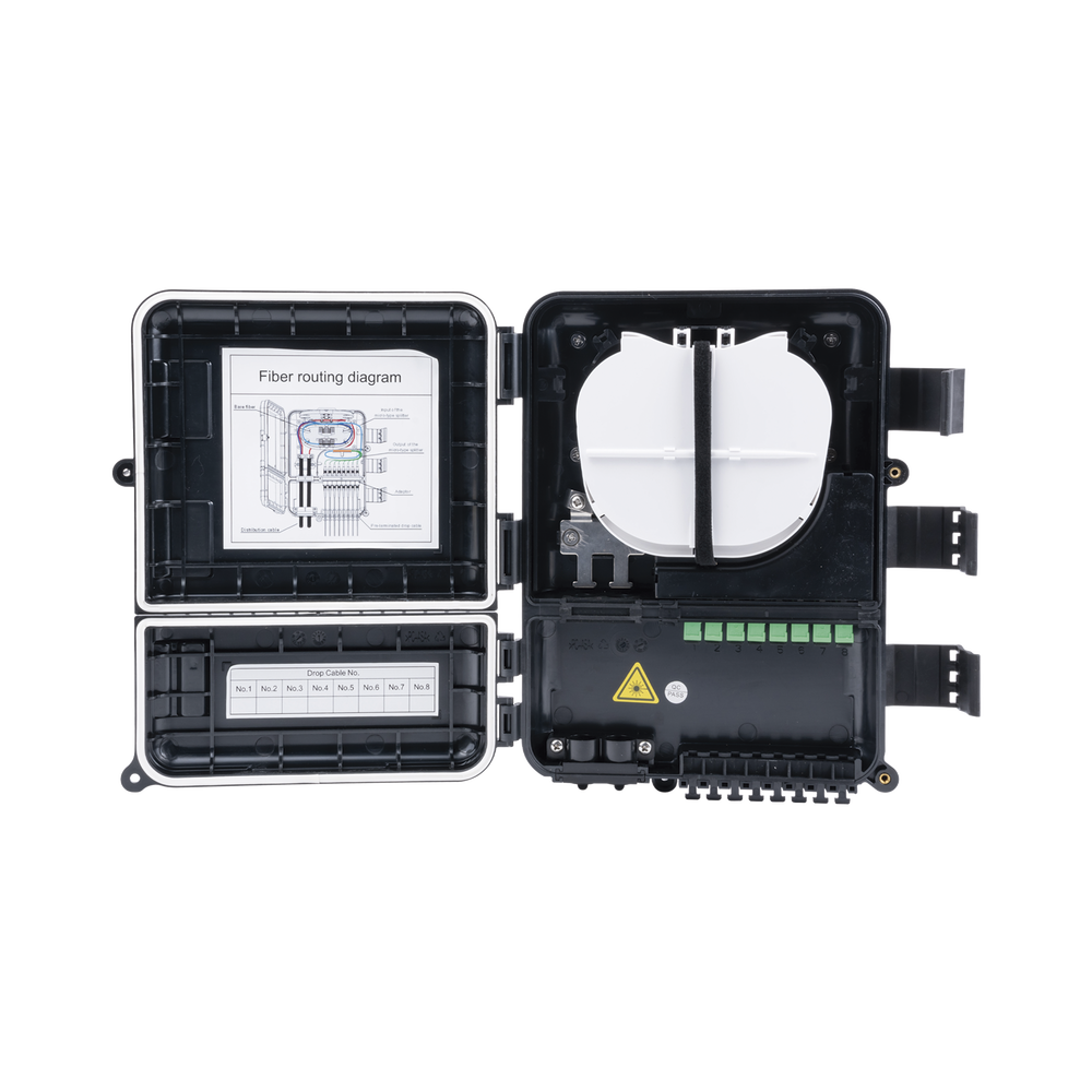 Caja de Distribuci?n de Fibra ?ptica para 24 Empalmes, con 8 Acopladores SC/APC Simplex, Exterior IP55, Color Negro - Imagen 5