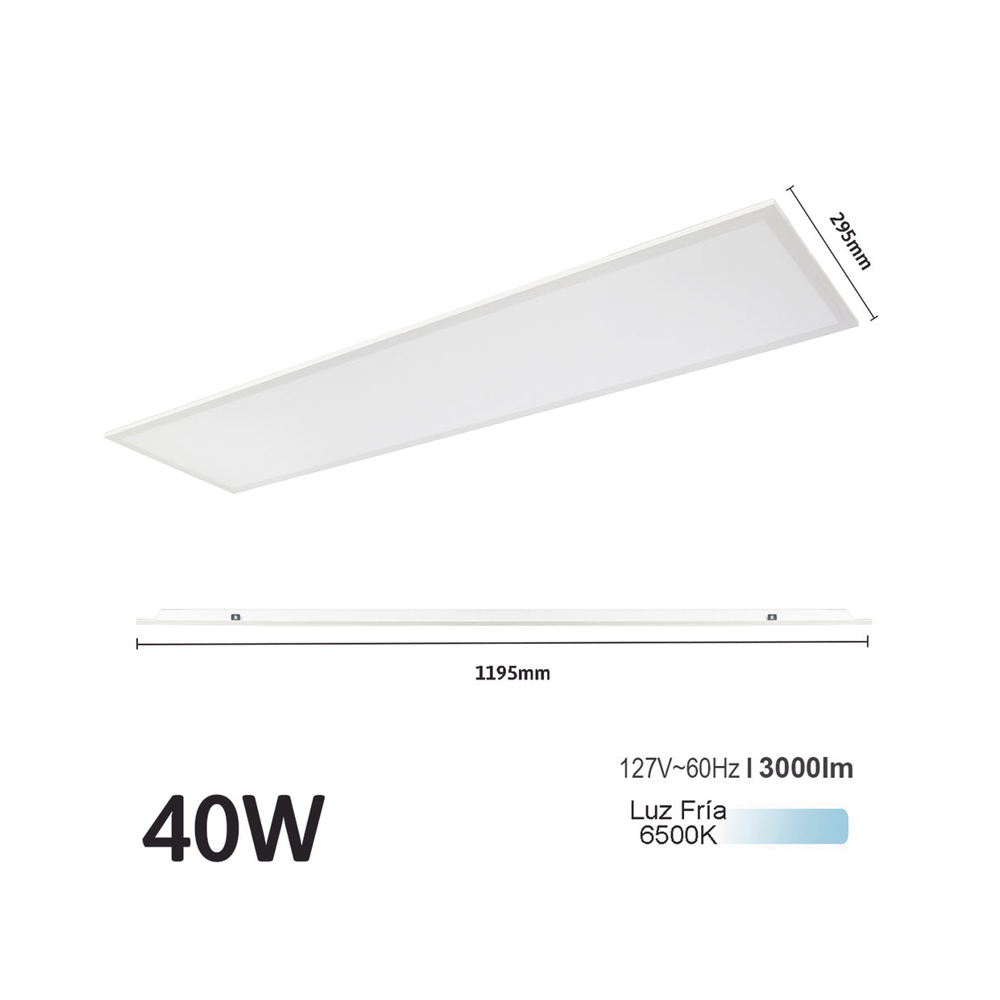 Panel LED Rectangular Empotrado o Suspendido /1195 x 295 mm / 127 Vca~60Hz / TC 6 500 K / Angulo de Luz de 140° - Imagen 4