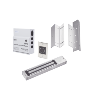 Kit para control de acceso incluye Fuente de 12VCD con respaldo de batería/ Chapa magnética de 600Lbs / Montajes L y Z / Botón de salida