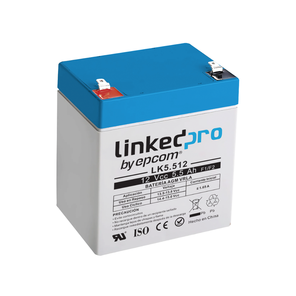 Batería 12 V 5.5 Ah AGM | Certificada UL94-HB Resistencia a la flama básica | Especial para Seguridad Electrónica | Vida útil 5 años | Terminales F1 + Adaptador F2