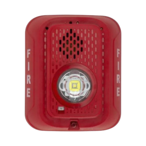 Sirena con Lámpara LED Estroboscópica / a 2 Hilos / Montaje en Pared / 24 Vcd / Configuración Estroboscópica Seleccionable / Texto en Inglés / Color Rojo