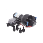 Bomba controlada por presión Par Max para trabajo pesado a 12 Vcd, caudal de 5 GPM, presión máxima 40 psi, para manguera de entrada con orificio de 38 mm (1½”), manguera de descarga con orificio de 25 mm (1”)