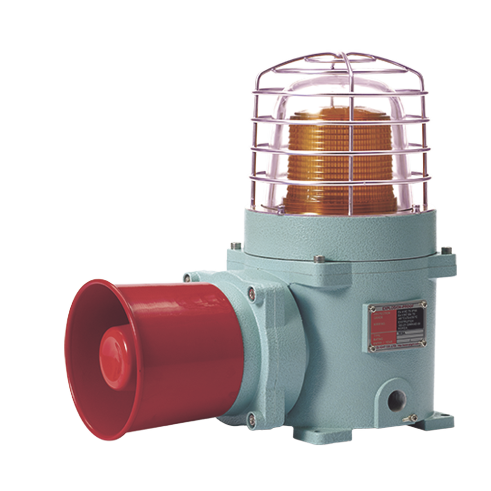 Combinación de baliza LED color Ámbar con patrón fijo y flasheante con sirena electrónica, Volumen máx. 120 dB para zonas peligrosas a 120 VCA