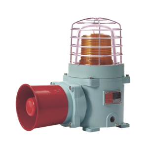 Combinación de baliza LED color Ámbar con patrón fijo y flasheante con sirena electrónica, volumen máx. 120 dB para zonas peligrosas a 24 VCD