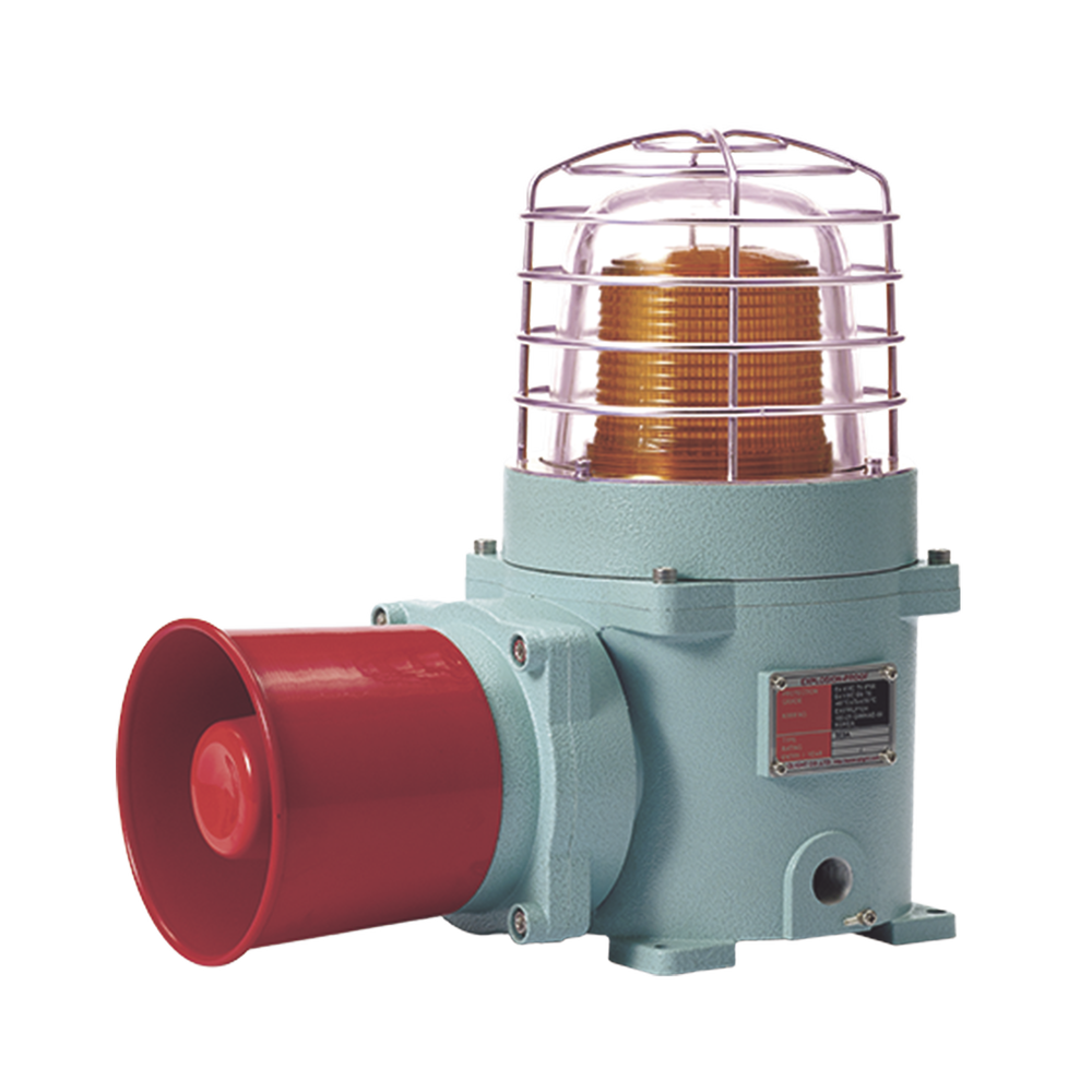 Combinación de baliza LED color Ámbar con patrón fijo y flasheante con sirena electrónica, volumen máx. 120 dB para zonas peligrosas a 24 VCD