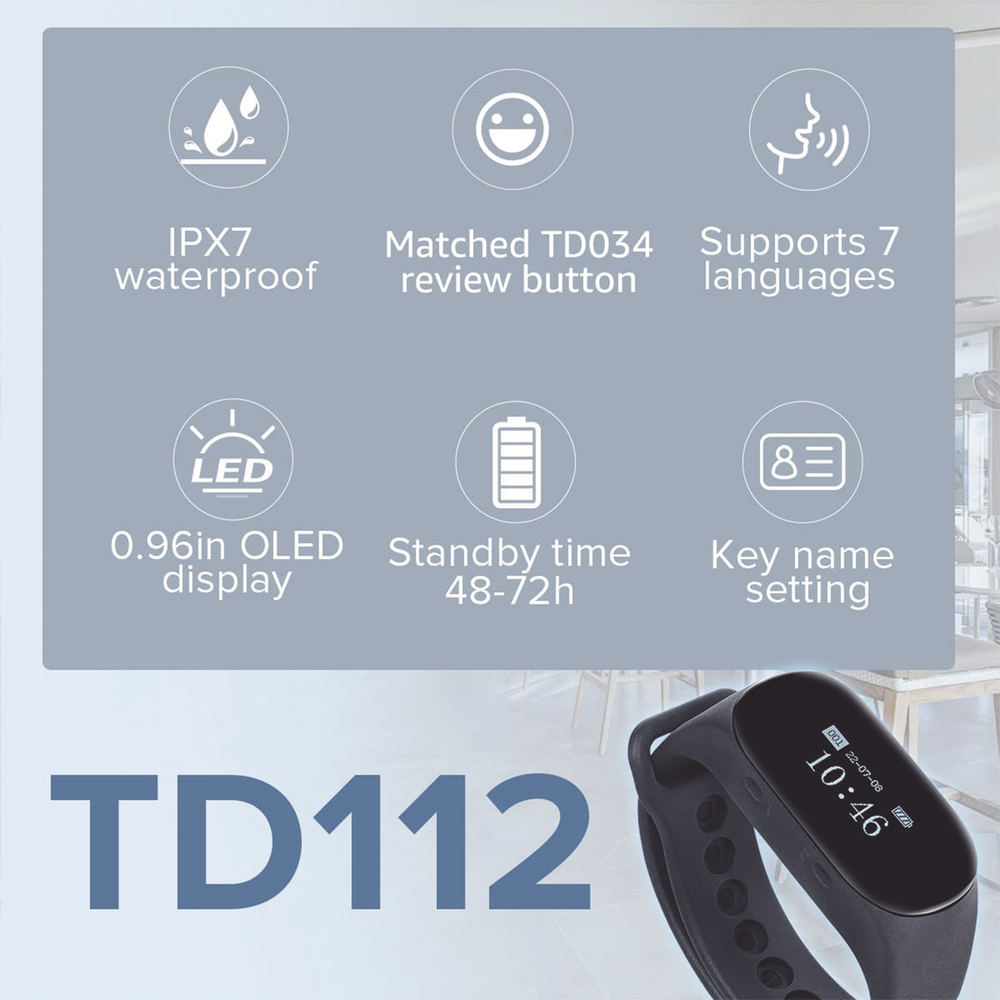Reloj Buscador TD112 IPX7 / Resistente al Agua / Pantalla OLED / 180mAh / 48 Horas Standby / 80-100m Distancia de Recepción / Compatible con 50 Botones TD009 y T114 / 7 Idiomas / Almacenamiento de 10 Mensajes - Imagen 6