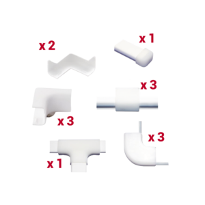 Kit de Accesorios Para la Canaleta TMK0812, El Paquete Incluye 13 Piezas en Total, Son 2 Esquineros Exteriores, 3 Esquineros Interiores, 3 Secciones "L", 3 Piezas de Unión, 1 Sección "T" y 1 Tapa Final.