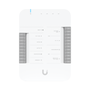 UniFi Access Hub Door, puede conectar 2 lectores y 2 cámaras (no incluidos) para controlar solo una puerta / 2 terminales AUX y 4 entradas adicionales (sensores y botones) POE 802.3bt no incluido