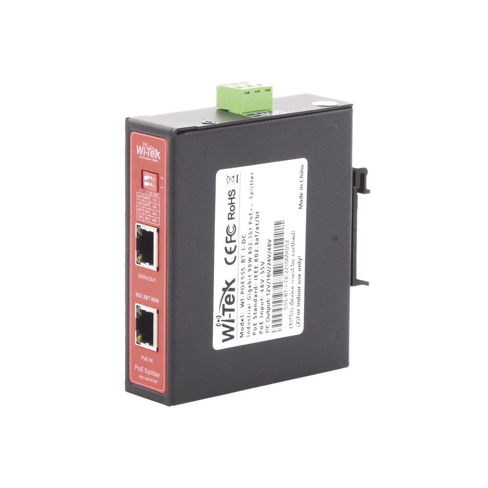 Splitter PoE IN hasta 90 W / Salida DC 12v/16V/24v o 48V / Carcasa metǭlica / Industrial soporte para riel DIN / Aplicaciones CCTV