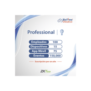 LICENCIA PROFESSIONAL BIOTIME CLOUD 2.0 / 100 USUARIOS / 15 DISPOSITIVOS (Licencia Anual)