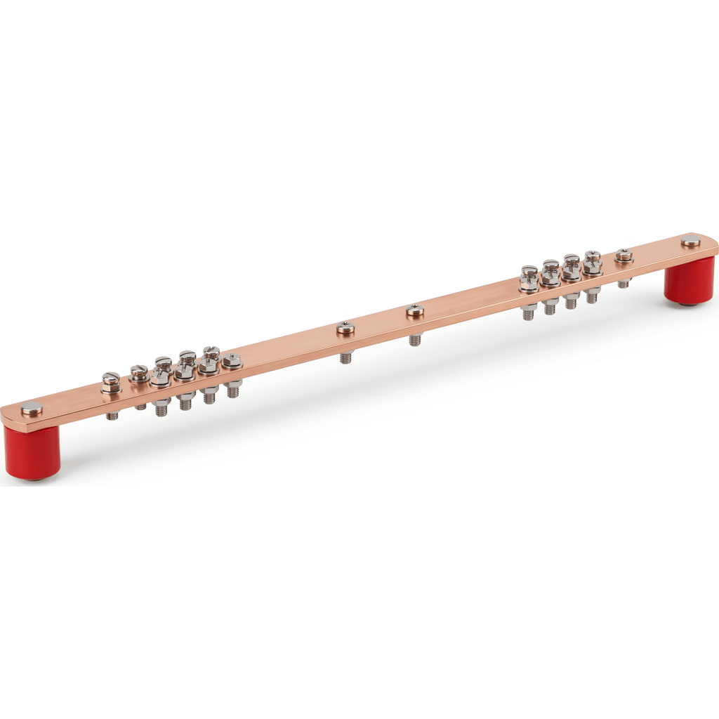 Barra Distribuci?n Tierra Rack 19 in / Cobre 100% / 550A / Aisladores Rojos / 0.64 cm (0.25 in) / J-STD-607-A - Imagen 2