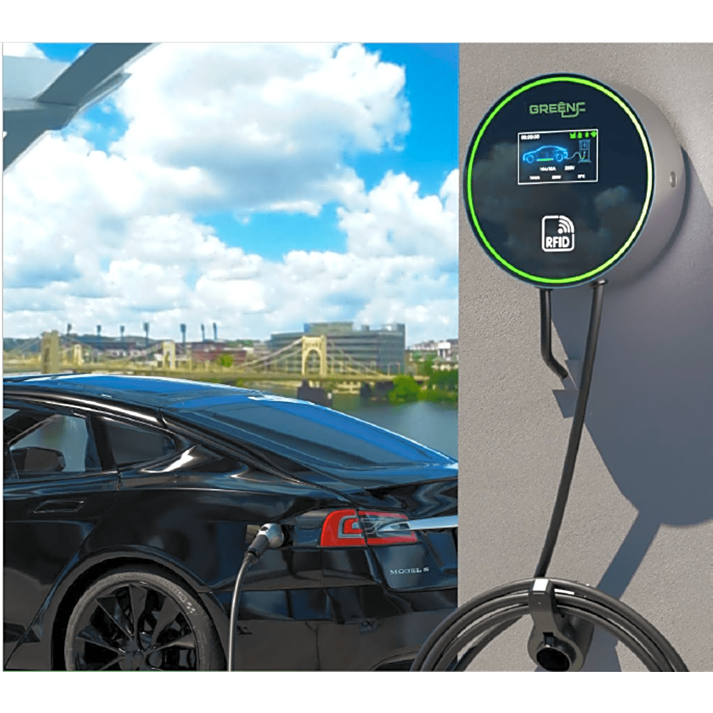 Estación de Carga para Vehículos Eléctricos / 48A 11.5kW / Voltaje 220-250V 1 Fase y 380-480V 3 Fases / Pantalla LCD 4.3 Pulgadas / Cable TPU 5 Metros / Protecciones Múltiples / Conectividad Plug and Play APP RFID / Carcasa Alu - Imagen 2