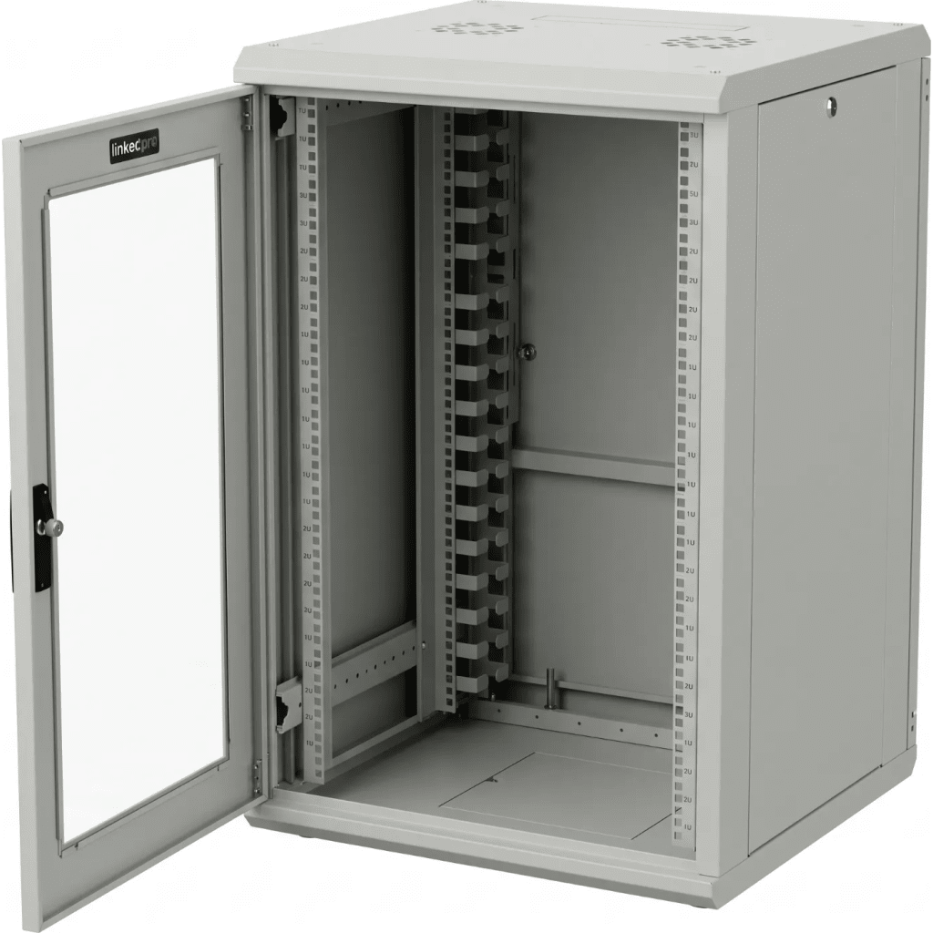 Gabinete Rack 19 Pulgadas / 18 Unidades / Piso / Puerta de Cristal / Acero Calibres 16-18-20 / Capacidad 750 kg (1653.5 lb) / Dimensiones 60 cm (23.6 in) x 93 cm (36.6 in) x 46 cm (18.1 in) - Imagen 3