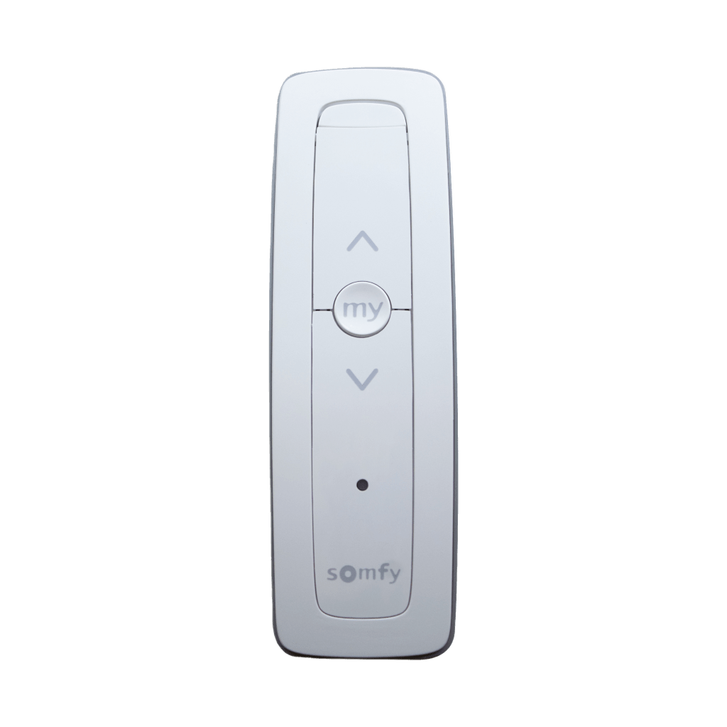 Control remoto 1 canal para motores de persiana Somfy con señal inalámbrica, instrucciones: sube, baja y detener, con posición favorita programada.