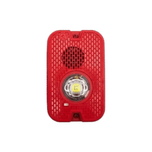 Sirena con Lámpara LED Estroboscópica / 2 Hilos / Montaje en Pared / 16 a 24 Vcd / Configuración Estroboscópica Seleccionable / Texto en Inglés / Color Rojo / Uso exterior