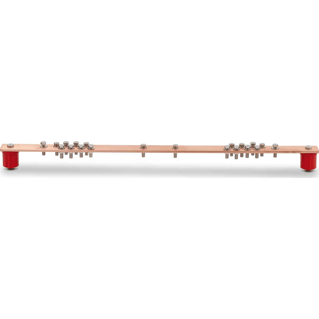 Barra Distribuci?n Tierra Rack 19 in / Cobre 100% / 550A / Aisladores Rojos / 0.64 cm (0.25 in) / J-STD-607-A
