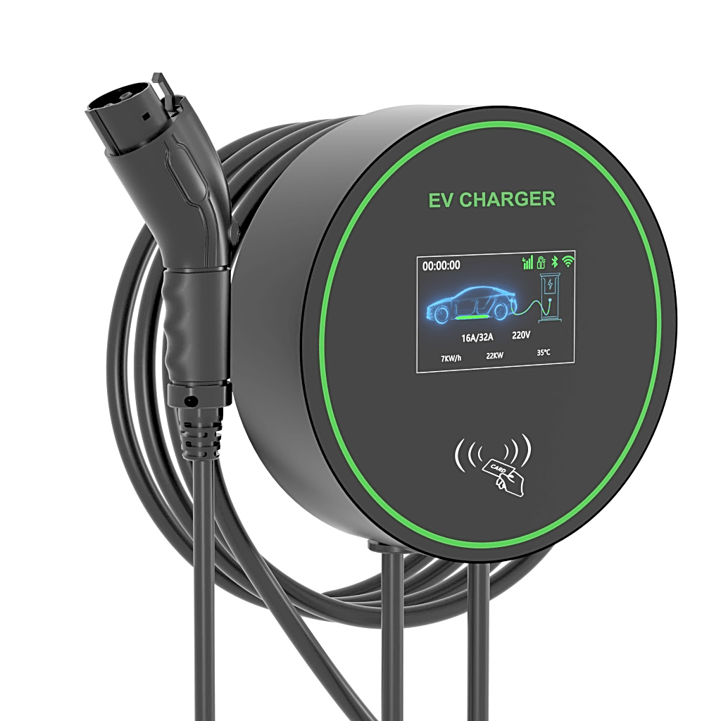 Estación de Carga para Vehículos Eléctricos / 48A 11.5kW / Voltaje 220-250V 1 Fase y 380-480V 3 Fases / Pantalla LCD 4.3 Pulgadas / Cable TPU 5 Metros / Protecciones Múltiples / Conectividad Plug and Play APP RFID / Carcasa Alu