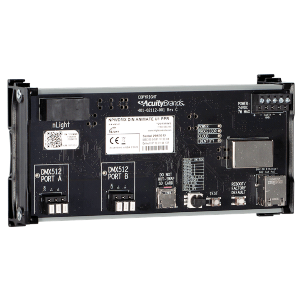Controlador DMX Dinámico nLight Animate / Hasta 4 Universos DMX (2048 Canales) / Integración nLight-DMX / Protocolos sACN-Art-Net-KiNET / Software Pathscape Gratuito / Montaje DIN o Gabinete NEMA 1