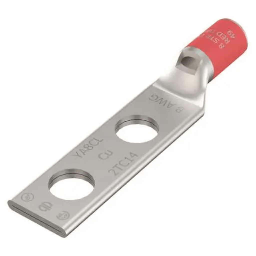 Terminal de Compresión / 8 AWG CU / Dos Orificios / Tamaño del Tornillo 1/2 / Espaciado de Orificios 1-3/4 / Barril Estándar / Ventana de Inspección / Biselado Interno / Estaño Plateado / UL-CSA / 90°C / Hasta 35kV /