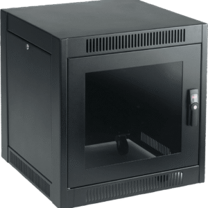 Gabinete SOHO, 11U, 700 x 600 x 600 mm, Acero Negro RAL 9005, Ruedas, Puertas Cerradas, Sistema de Enfriamiento Pasivo, Base Abierta con Respiro, Montaje Bajo Escritorio