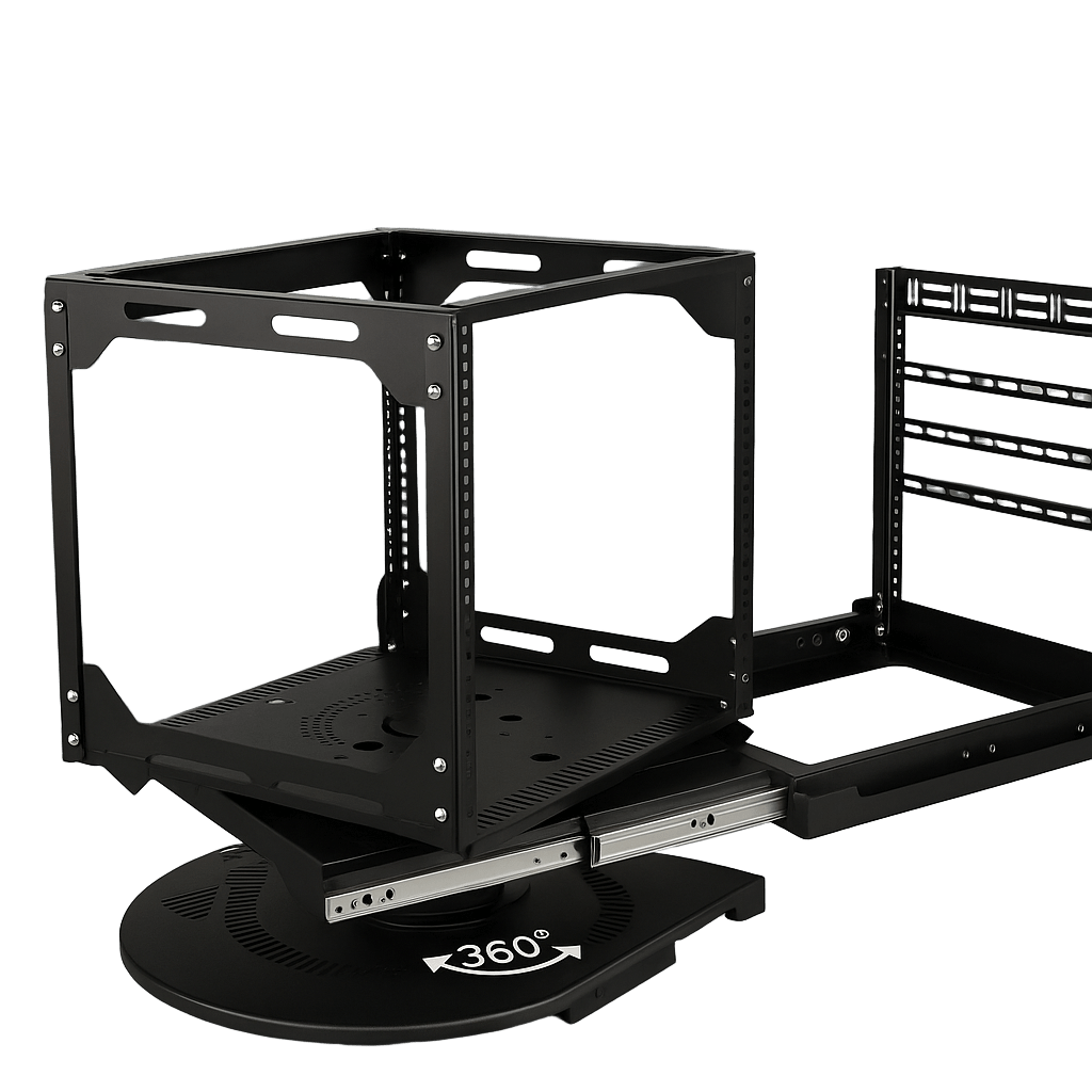 Rack Deslizable y Giratorio | Estructura Abierta | 360?? Rotaci??n | 10U-12U-15U | Hasta 68 kg | Cable Management | EIA/ECA-310-E