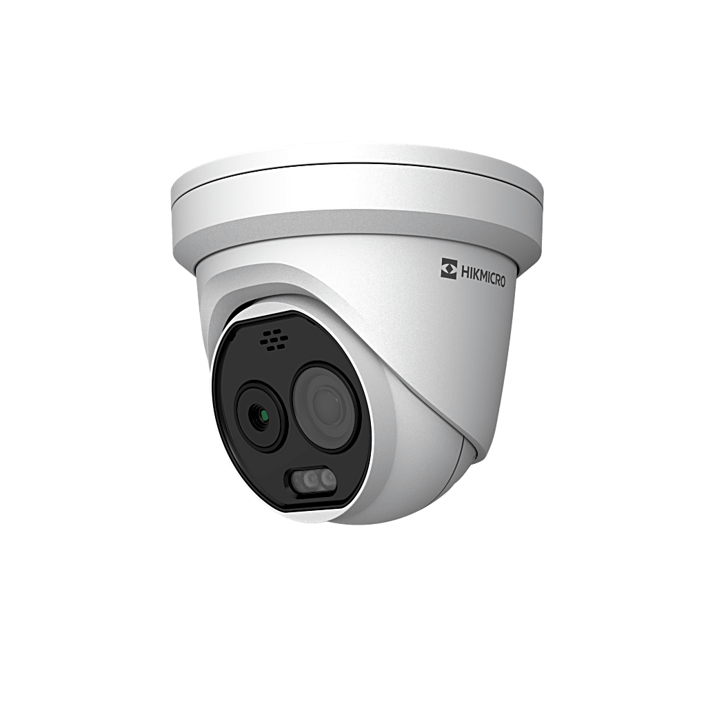 HIKMICRO Turret IP Bi-Espectral (Térmica + Óptica)/ 160 X 120 (1.8 mm) + 5 MP (2 mm) / Detección Temperatura -20°C a 150°C / Alarma Incendio y Fumar / VCA 3.0 (Vehículos 60 Mts + Humanos 20 Mts) / IP67 / Dual Light / Po