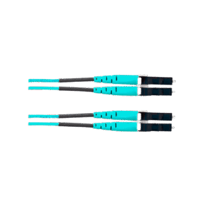 Jumper de Fibra Optica Multimodo 50/125 OM4, LC-LC Duplex, OFNR (Riser), Color Aqua, 25 Metros
